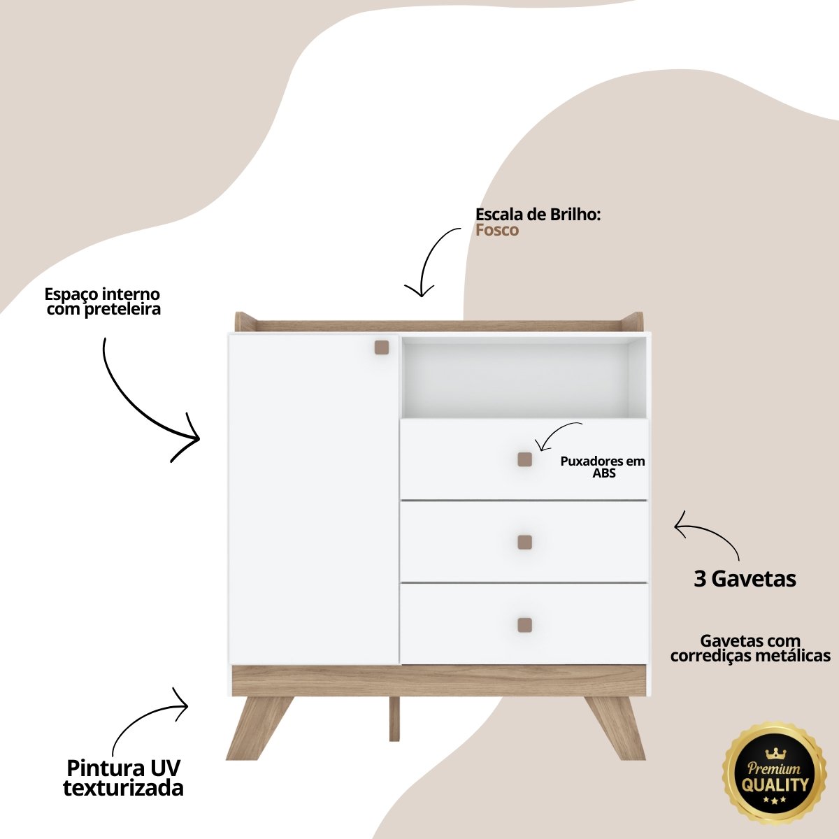Cômoda 3 Gavetas com Porta e Nicho - Confete Branco / Jequitibá HP