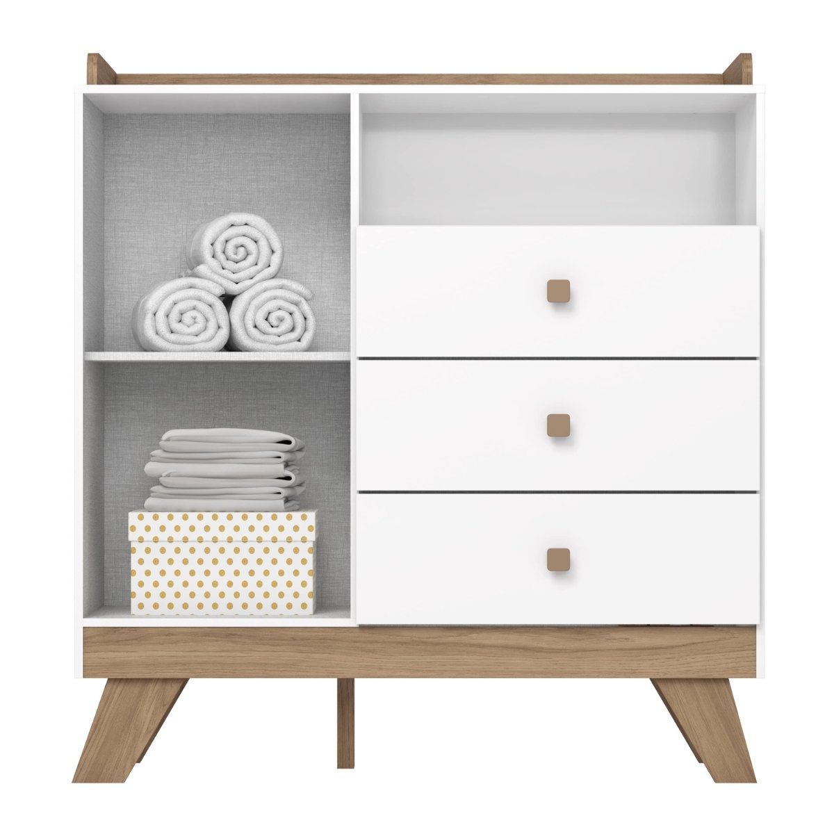 Cômoda 3 Gavetas com Porta e Nicho - Confete Branco / Jequitibá HP