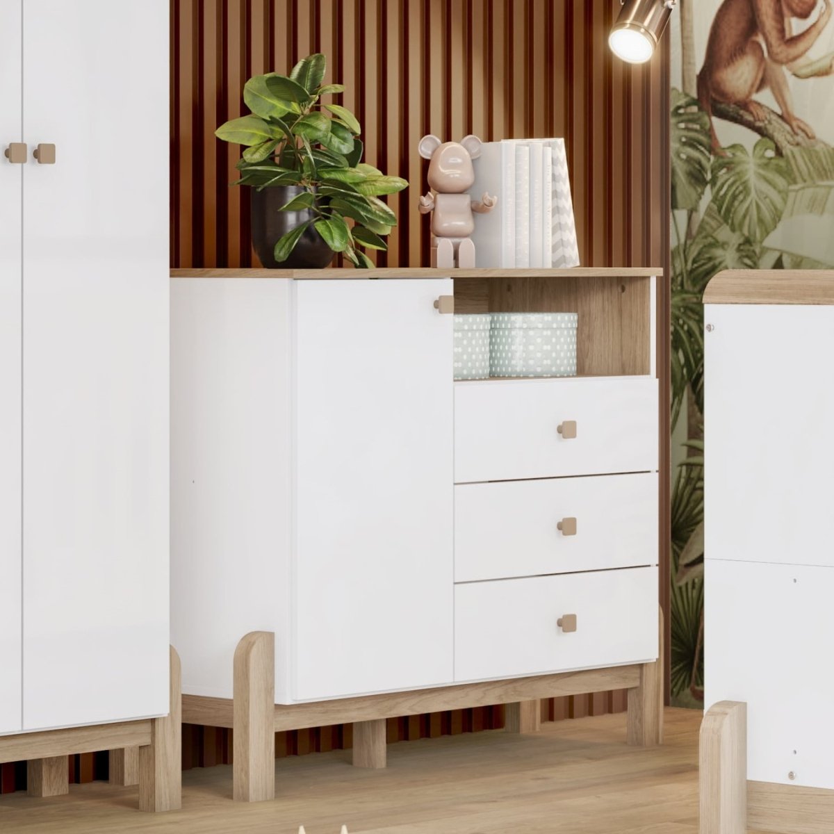 Cômoda 3 Gavetas com Porta e Nicho - Ternura Branco / Jequitibá HP