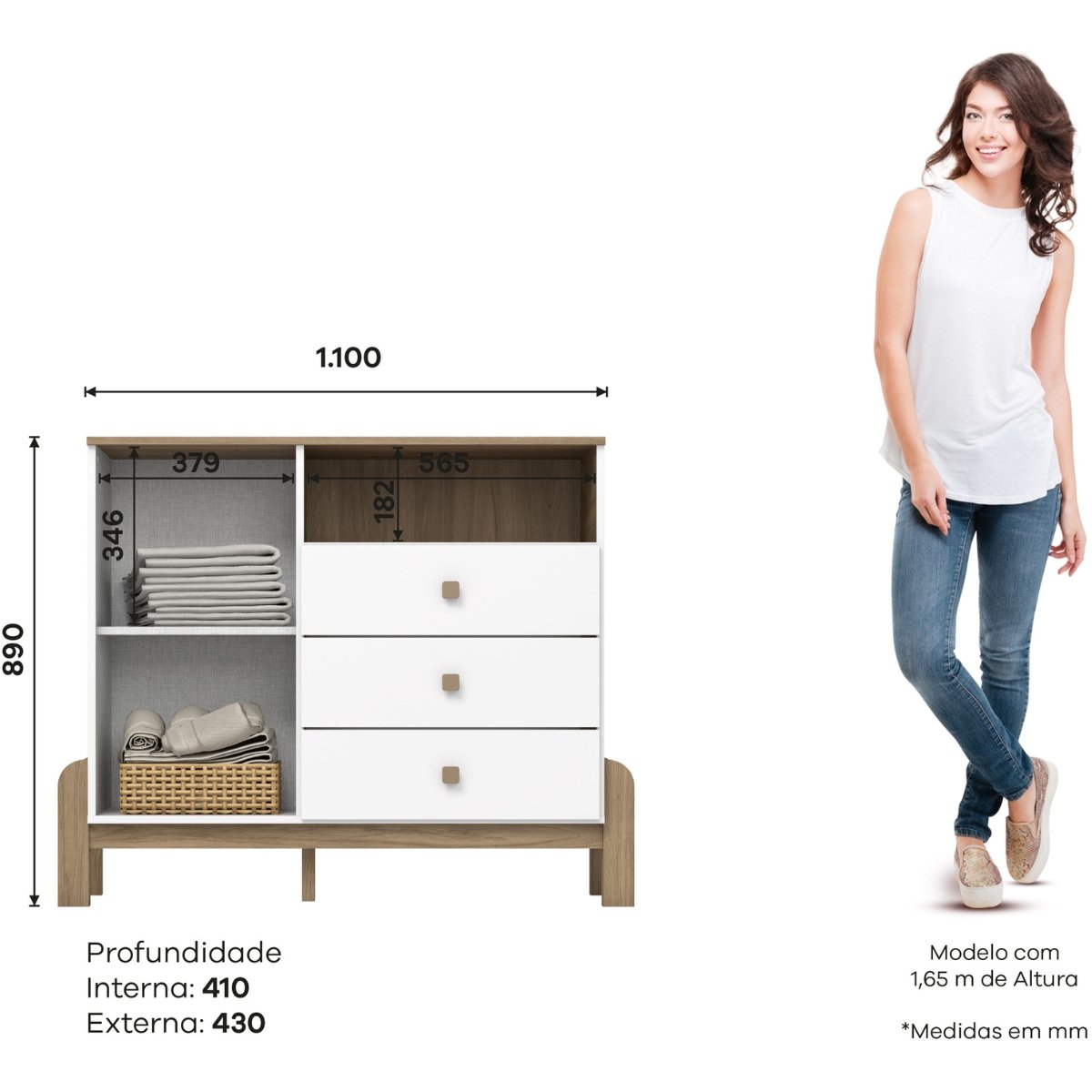 Cômoda 3 Gavetas com Porta e Nicho - Ternura Branco / Jequitibá HP
