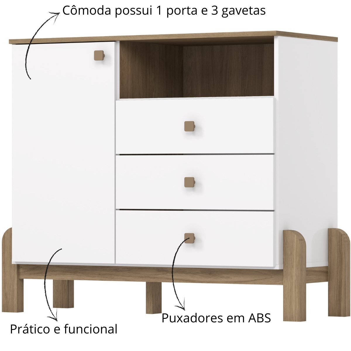 Cômoda 3 Gavetas com Porta e Nicho - Ternura Branco / Jequitibá HP