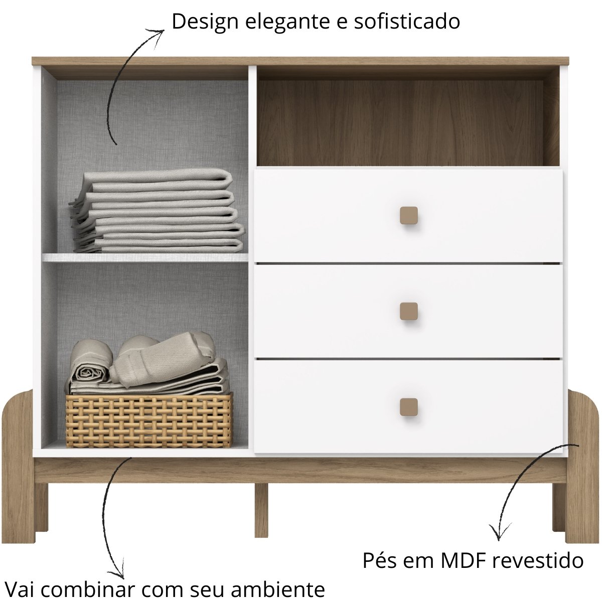 Cômoda 3 Gavetas com Porta e Nicho - Ternura Branco / Jequitibá HP