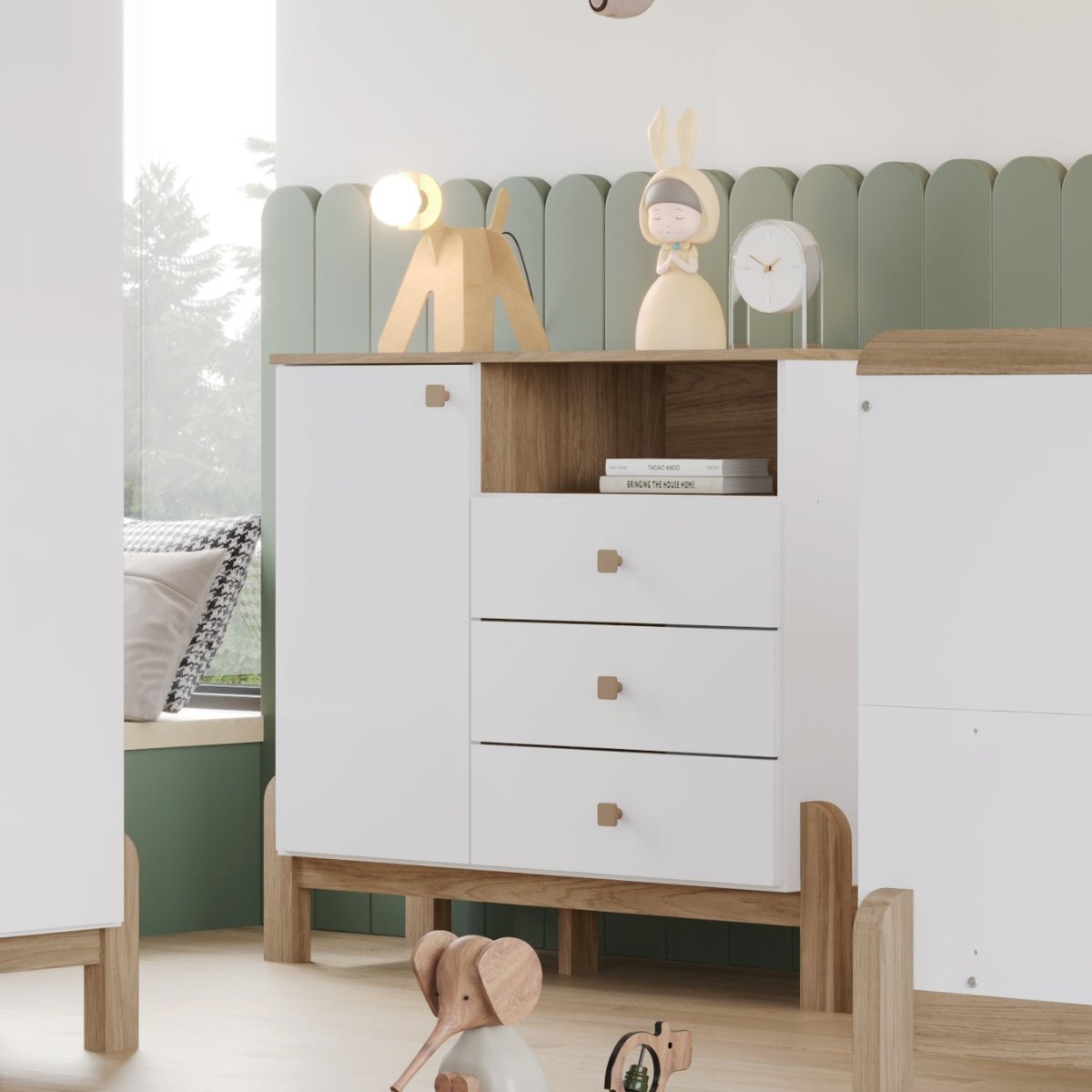 Cômoda 3 Gavetas com Porta e Nicho - Ternura Branco / Jequitibá HP