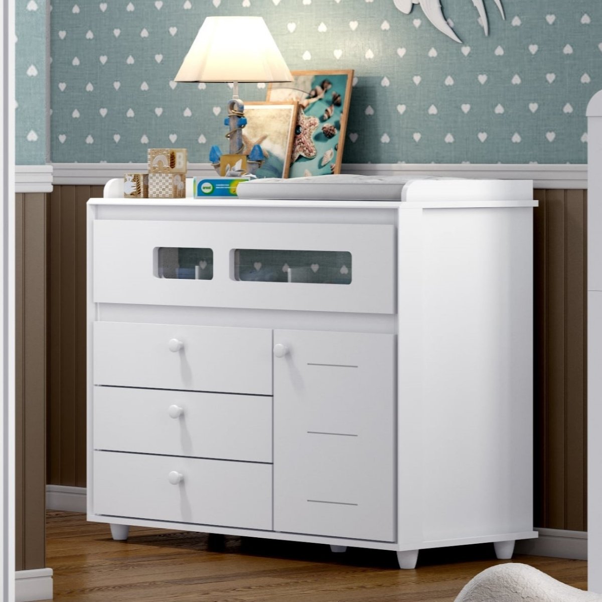 Cômoda 4 Gavetas 1 Porta e Vidro Aquarela Branco
