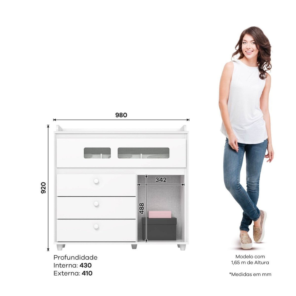 Cômoda 4 Gavetas 1 Porta e Vidro Aquarela Branco