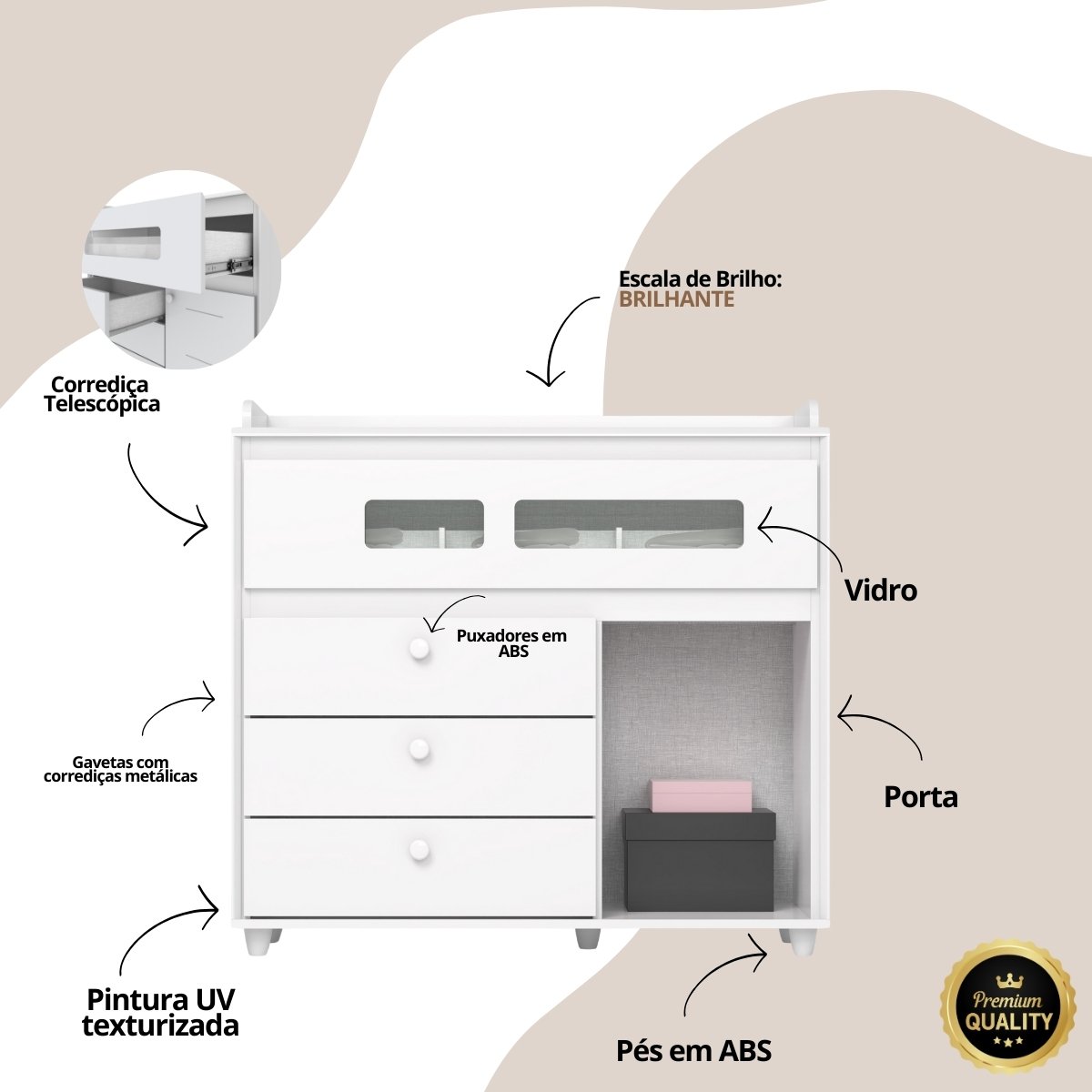 Cômoda 4 Gavetas 1 Porta e Vidro Aquarela Branco