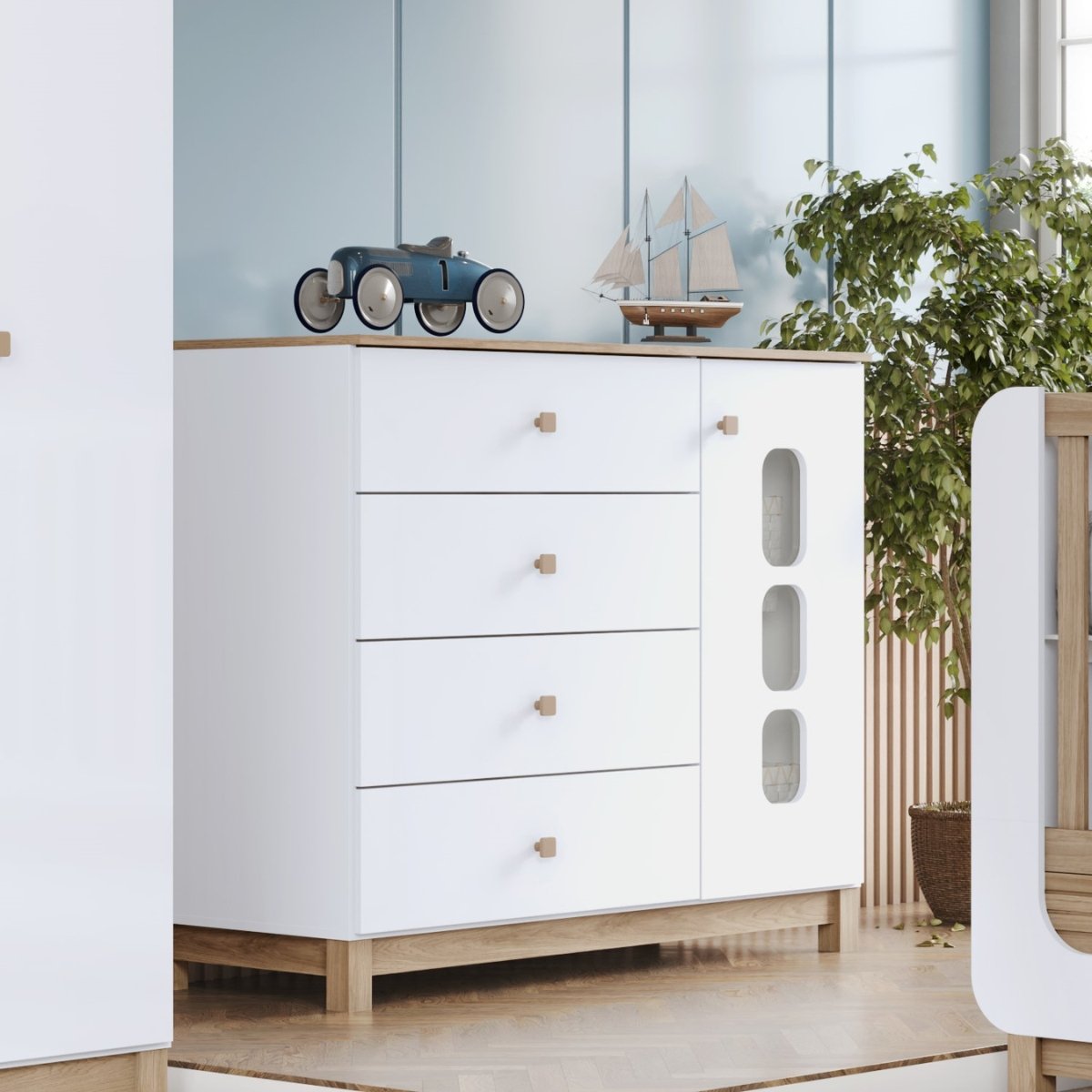 Cômoda 4 Gavetas e Porta com Vidro - Aconchego Branco / Jequitibá HP