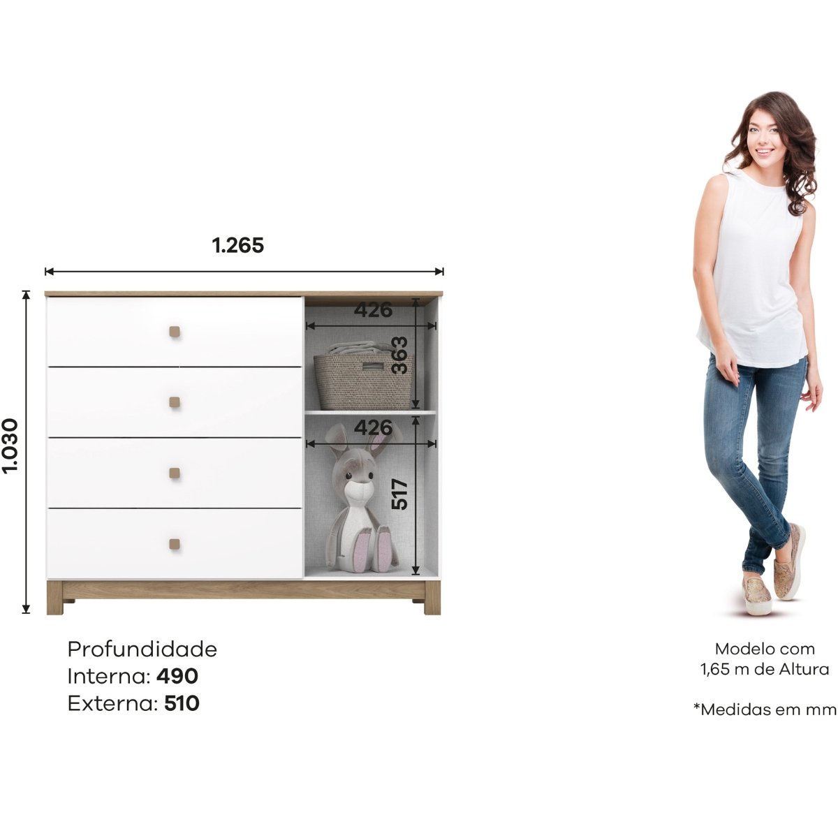 Cômoda 4 Gavetas e Porta com Vidro - Aconchego Branco / Jequitibá HP