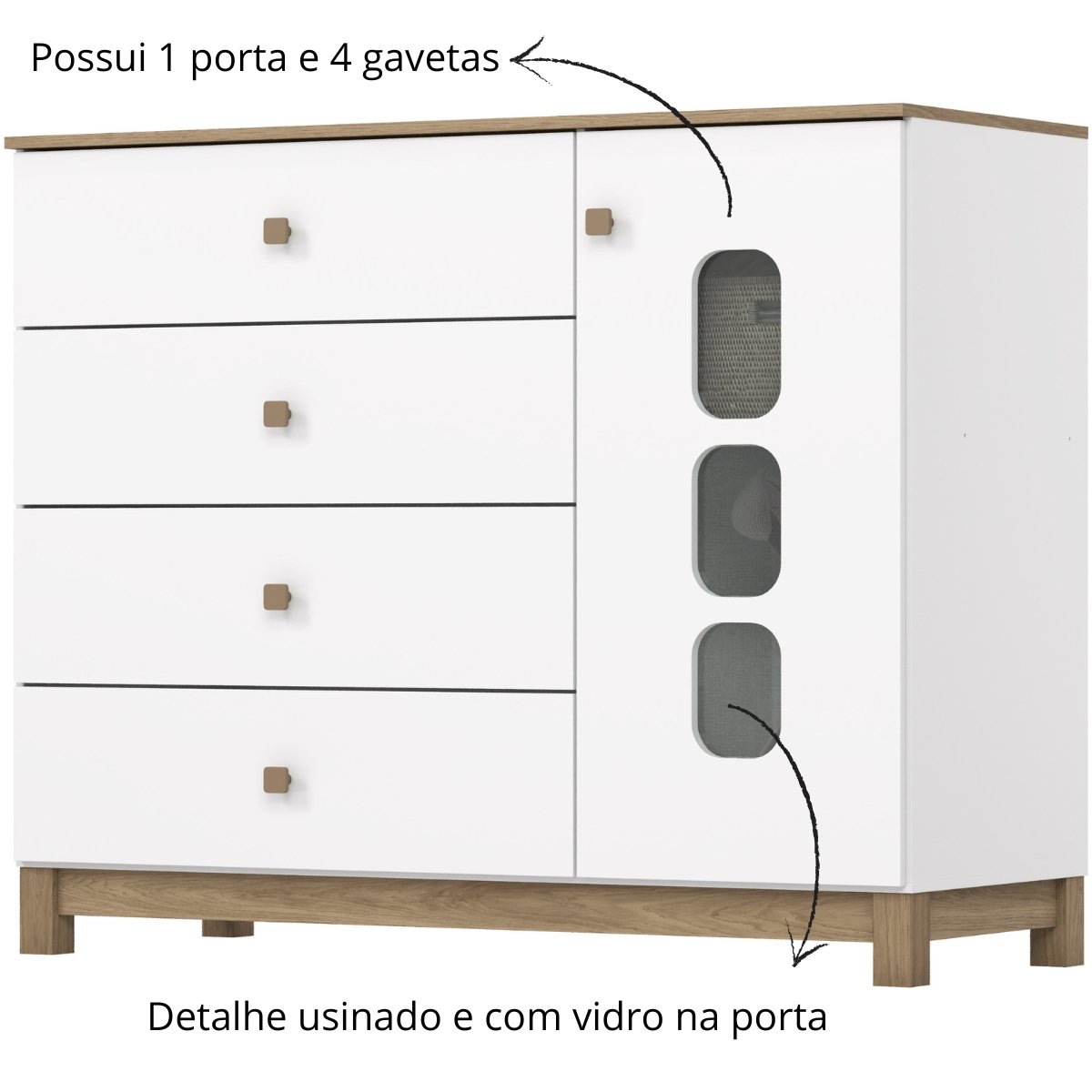 Cômoda 4 Gavetas e Porta com Vidro - Aconchego Branco / Jequitibá HP