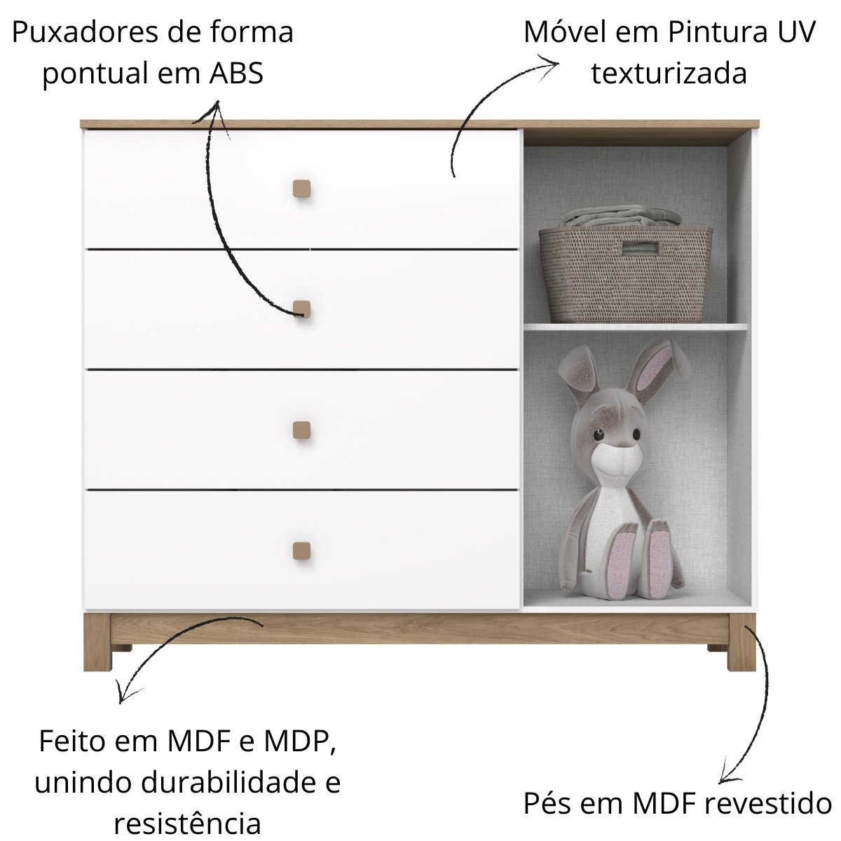 Cômoda 4 Gavetas e Porta com Vidro - Aconchego Branco / Jequitibá HP