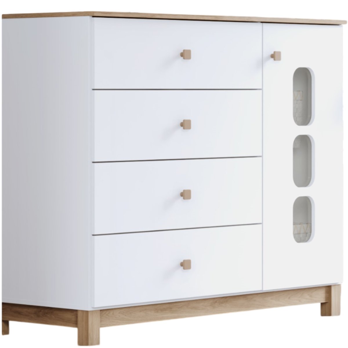 Cômoda 4 Gavetas e Porta com Vidro - Aconchego Branco / Jequitibá HP