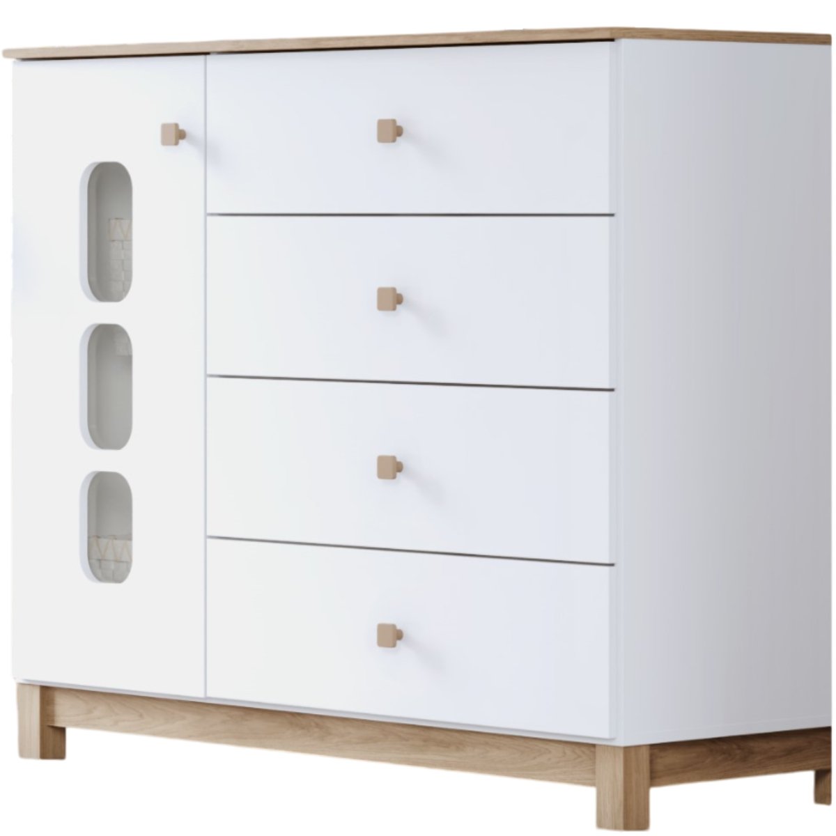 Cômoda 4 Gavetas e Porta com Vidro - Aconchego Branco / Jequitibá HP