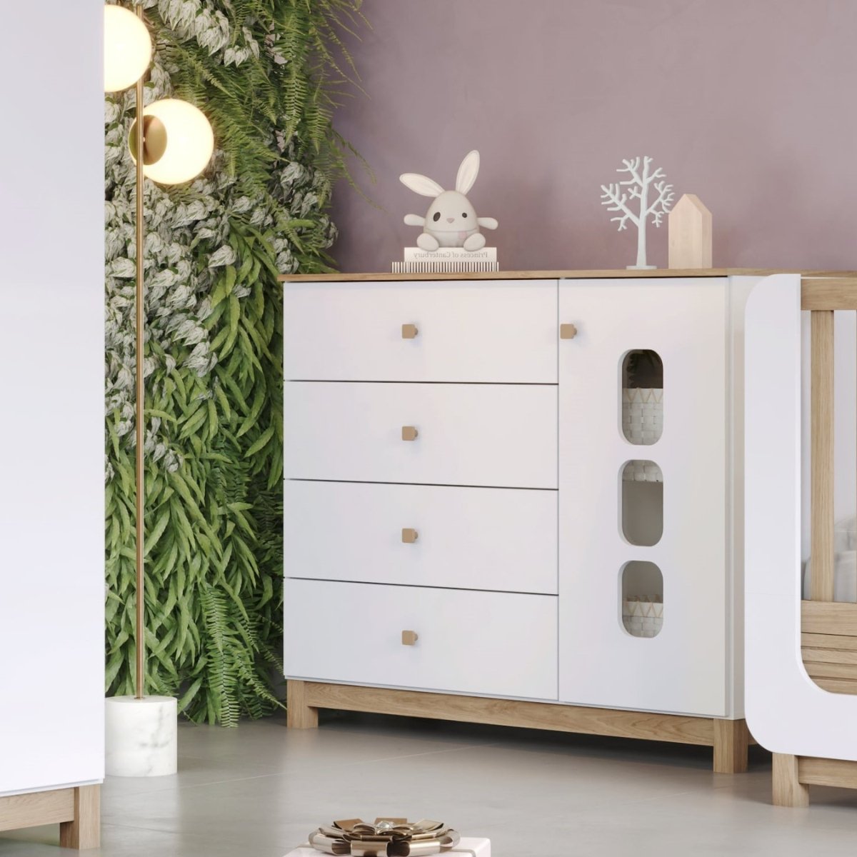 Cômoda 4 Gavetas e Porta com Vidro - Aconchego Branco / Jequitibá HP