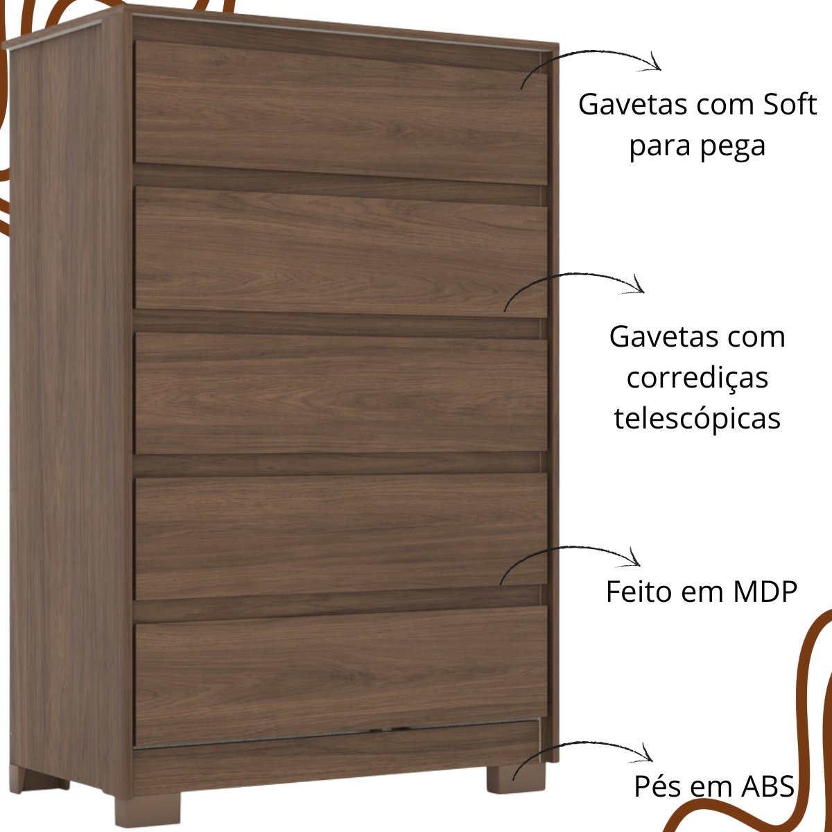 Cômoda 5 Gavetas Chanfradas Andría Castanho HP