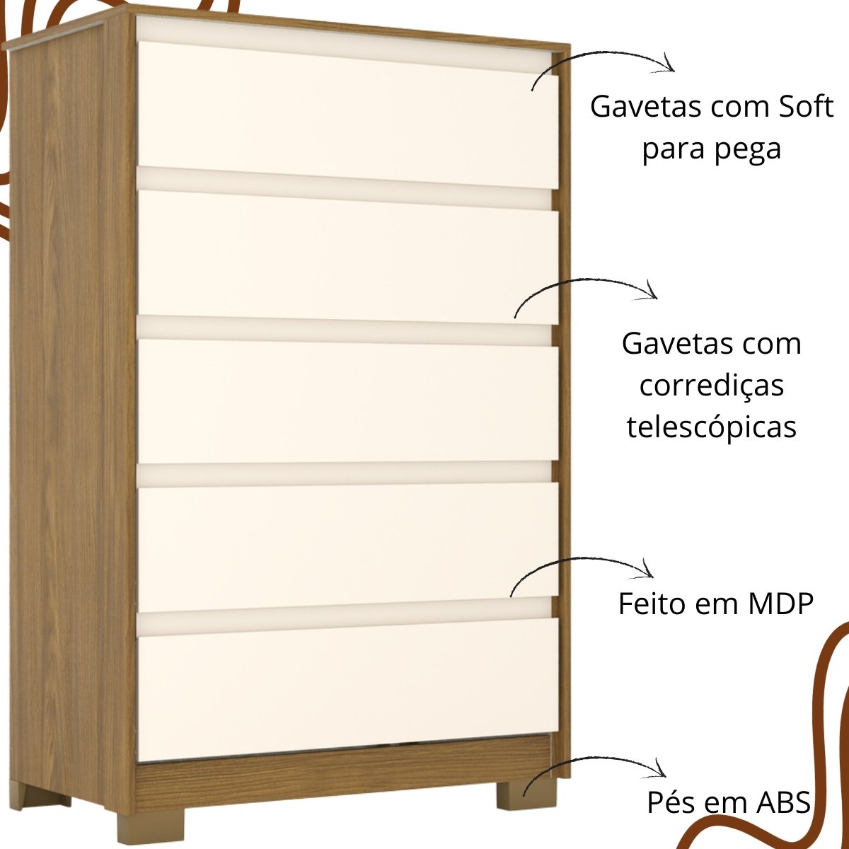 Cômoda 5 Gavetas Chanfradas Andría Nature / Off White