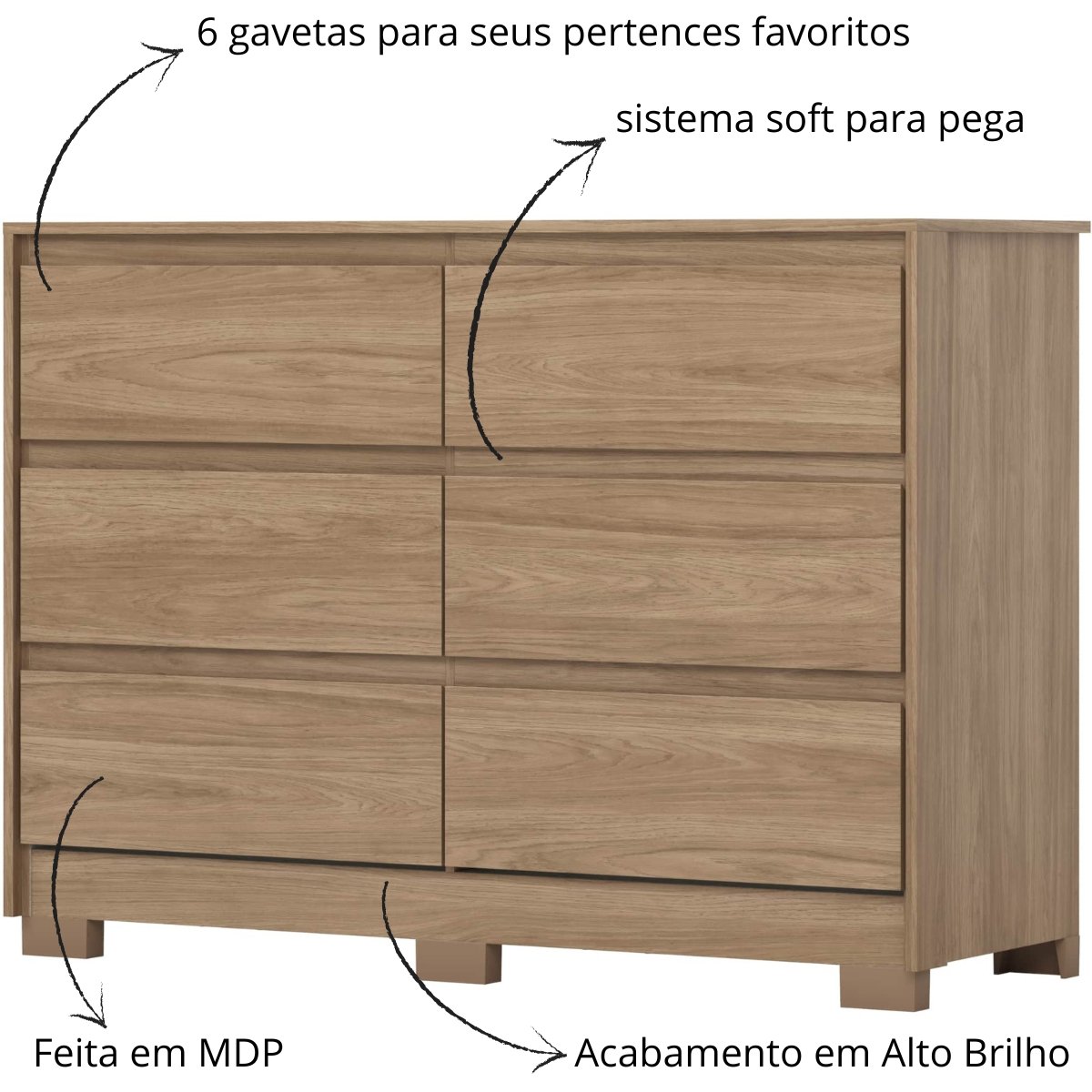 Cômoda 6 Gavetas Chanfradas Ravenna Jequitibá Brilho