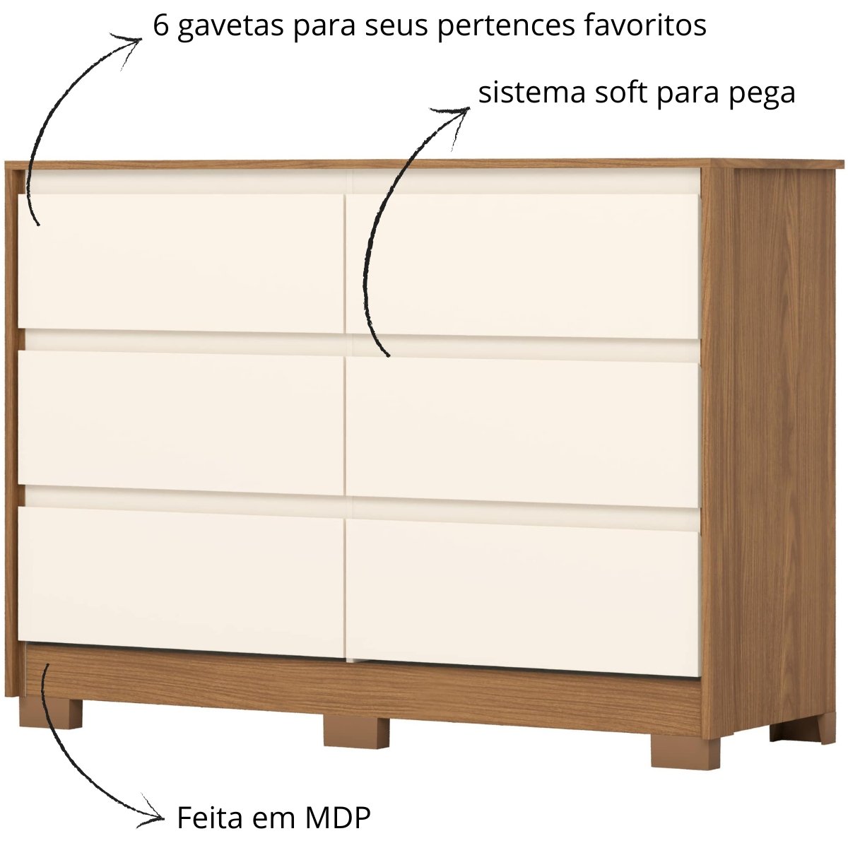 Cômoda 6 Gavetas Chanfradas Ravenna Nature / Off White