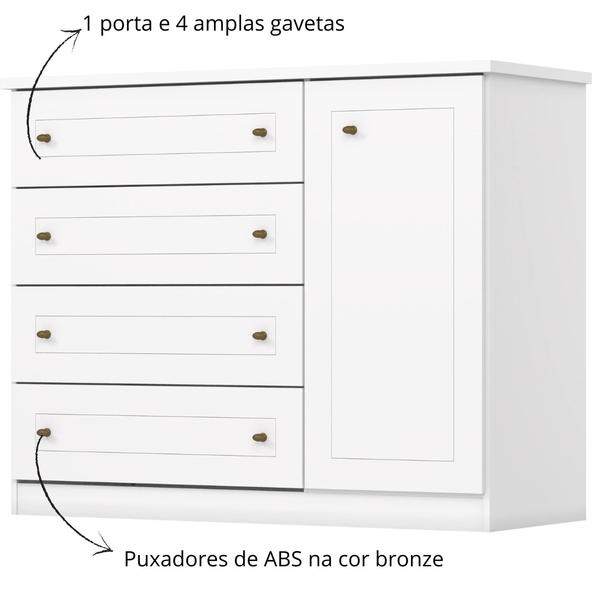 Cômoda com 4 Gavetas e Porta - Americana Branco HP
