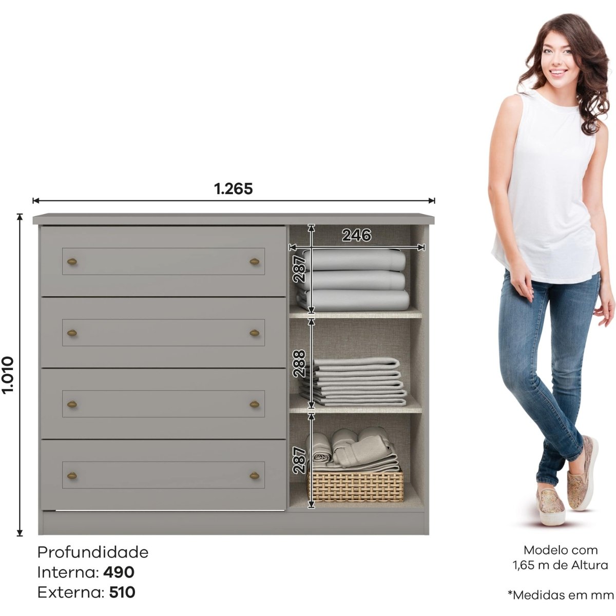 Cômoda com 4 Gavetas e Porta - Americana Cinza