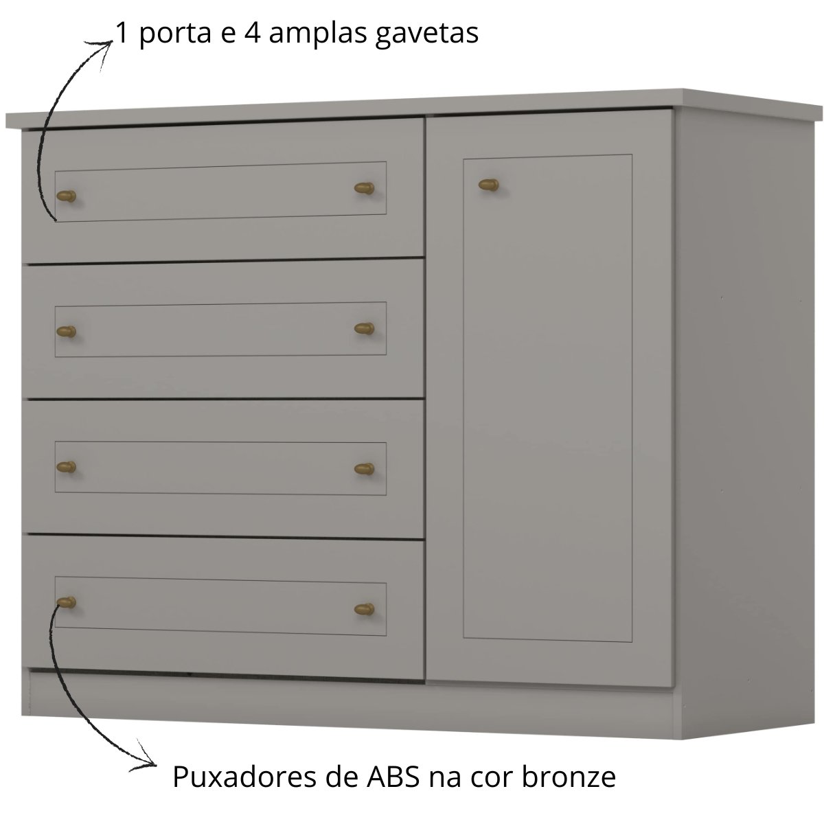 Cômoda com 4 Gavetas e Porta - Americana Cinza