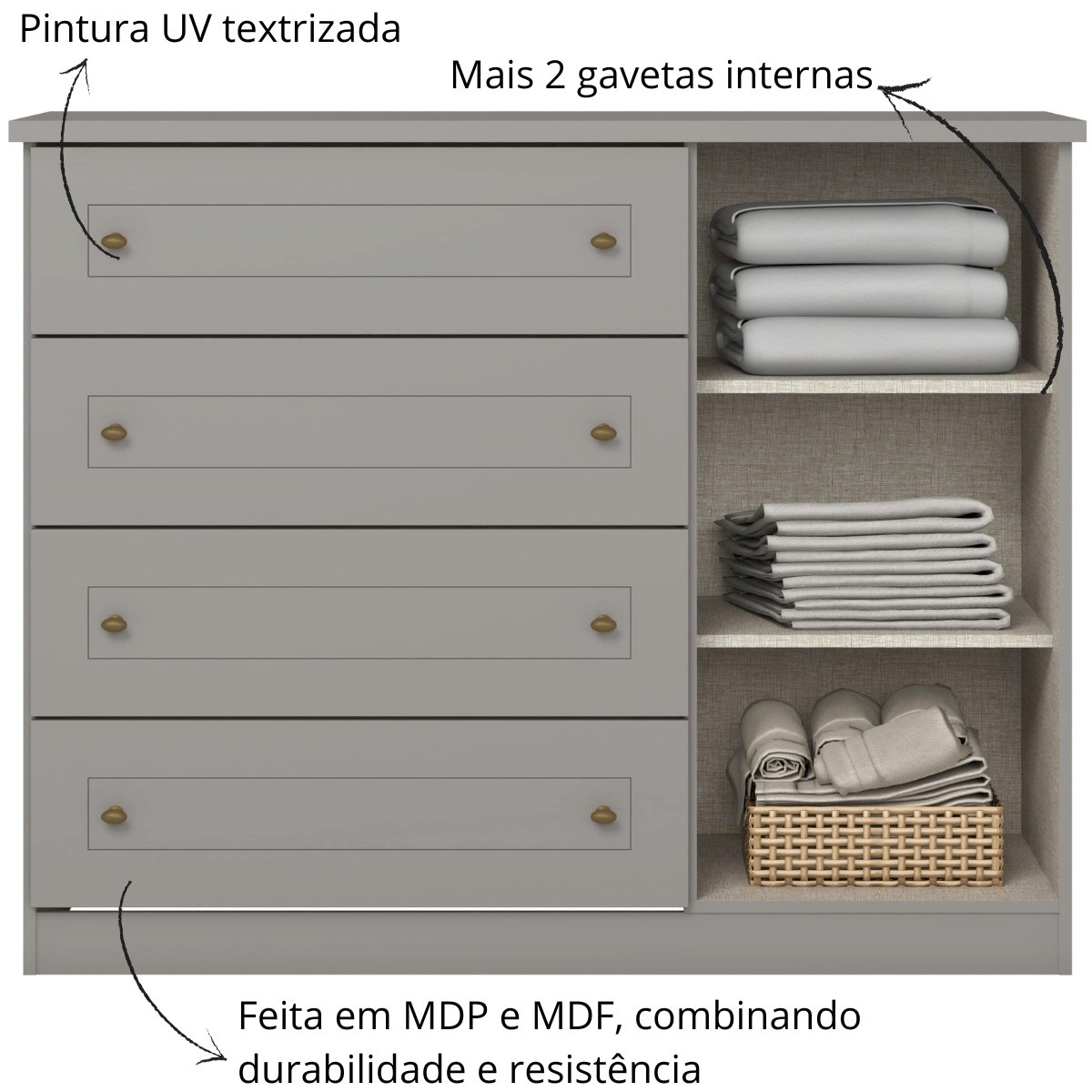 Cômoda com 4 Gavetas e Porta - Americana Cinza