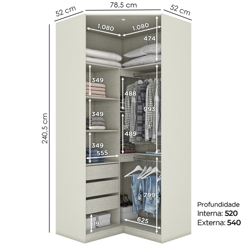 Canto Closet Modulado 2 Portas 241x110 cm Seletto Areia Henn