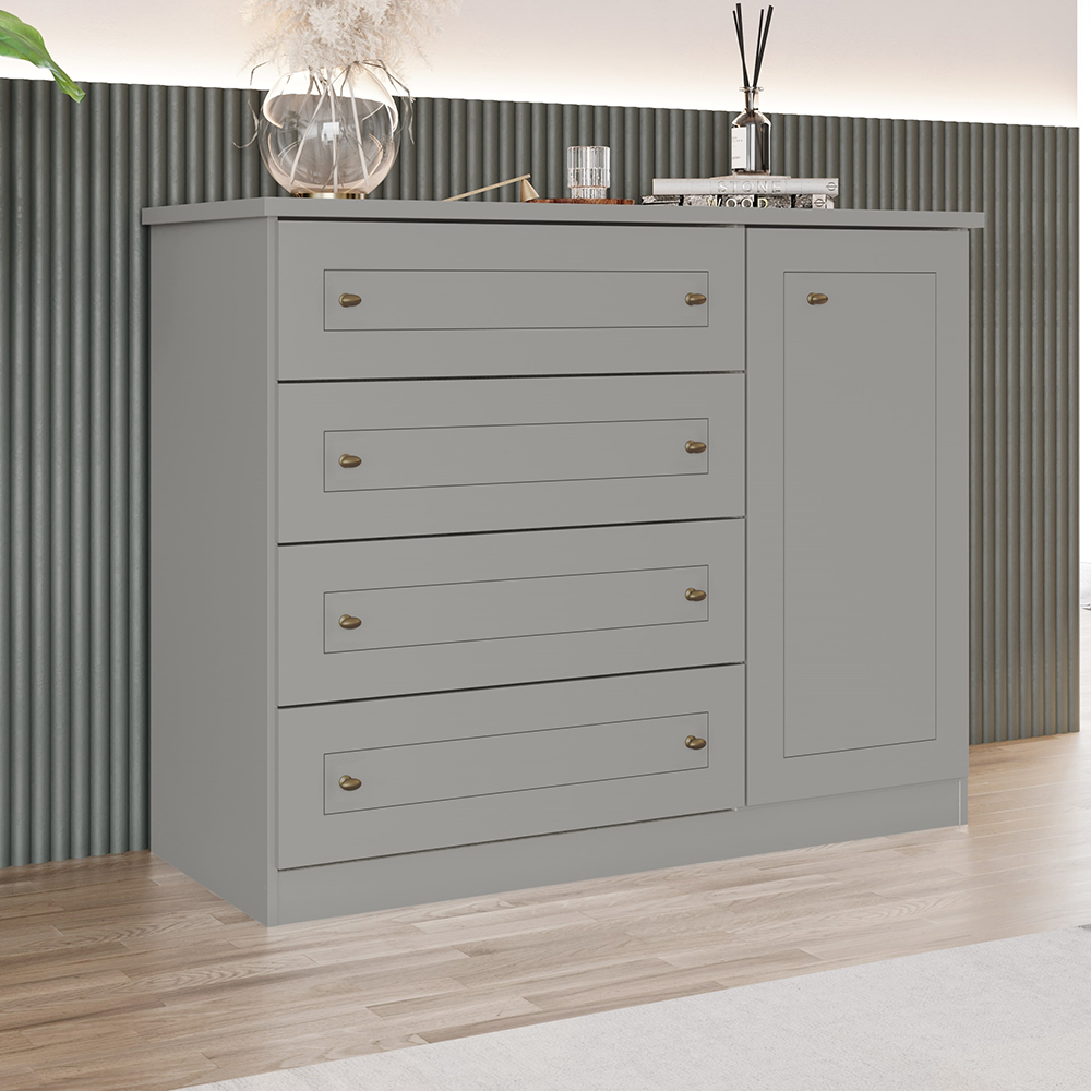 Comoda 1 Porta 4 Gavetas 126 cm Americana Cinza Henn