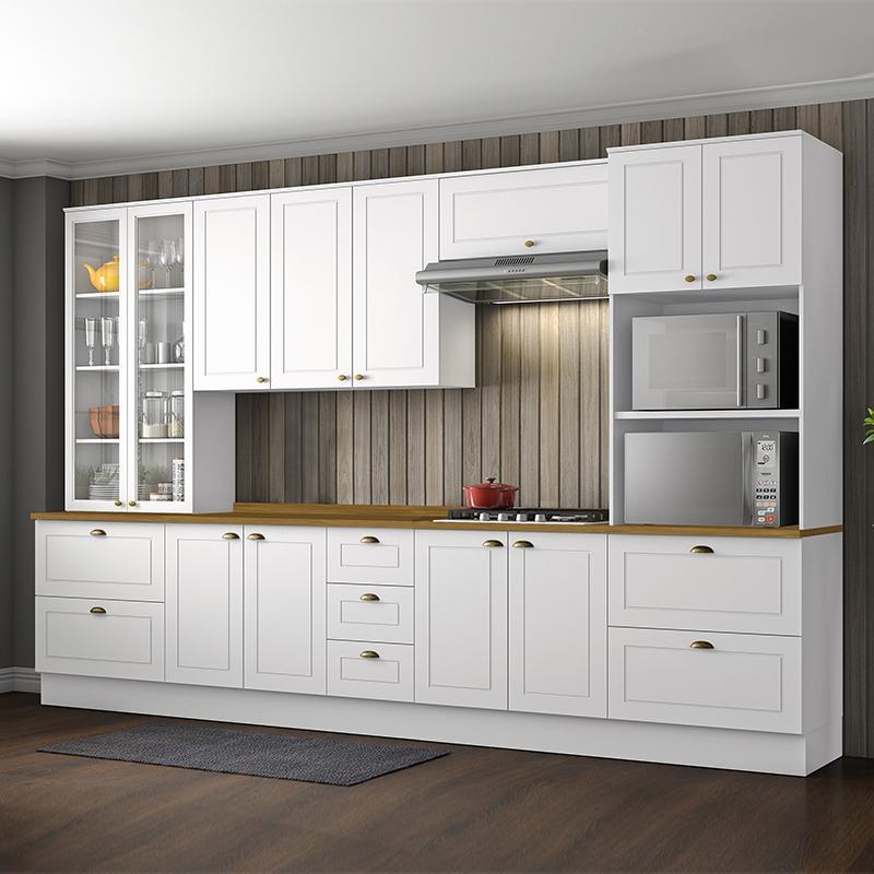 Cozinha Completa 6 Peças Americana Branco com Cristaleira Tampo Nature - Móveis Henn