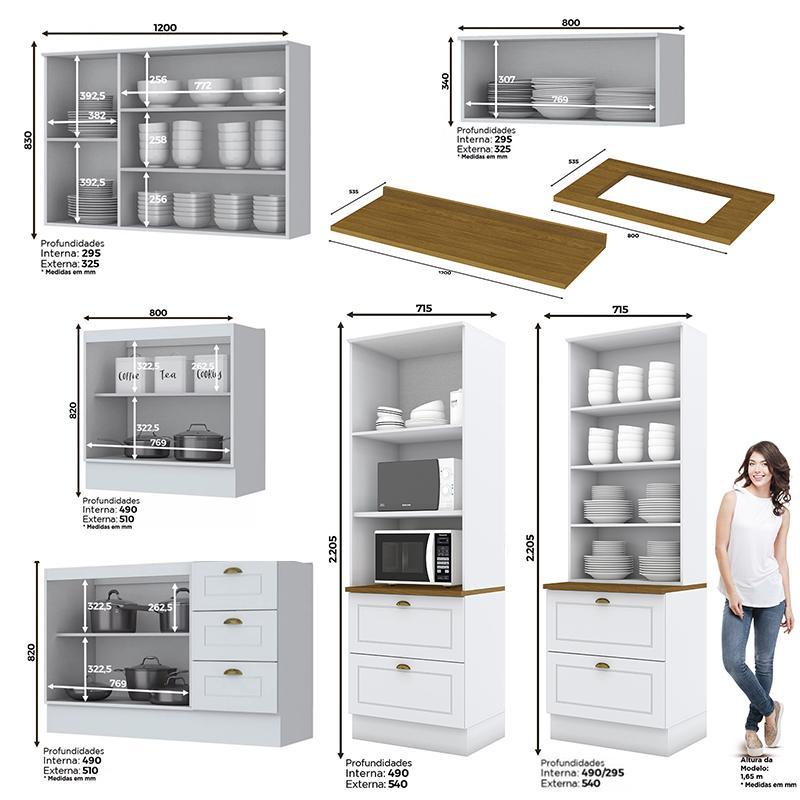 Cozinha Completa 6 Peças Americana Branco com Cristaleira Tampo Nature - Móveis Henn