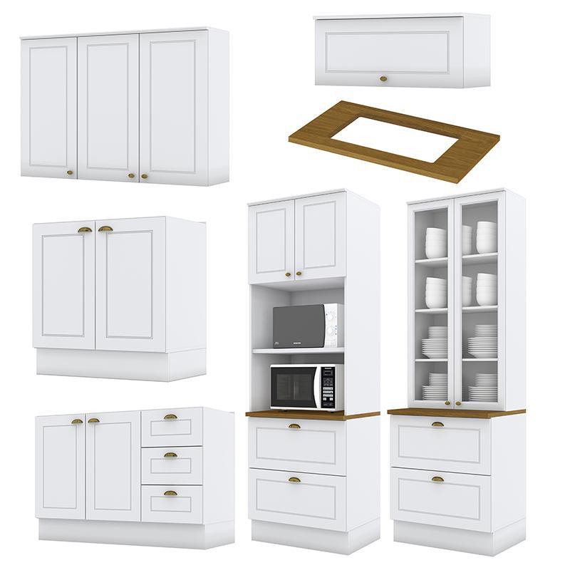 Cozinha Completa 6 Peças Americana Branco com Torre Quente 2 Fornos Tampo Nature - Móveis Henn