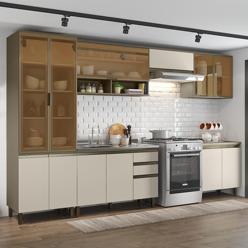 Cozinha Completa 6 Peças Connect Duna/Cristal com Cristaleira e Aéreo Vidro - Móveis Henn
