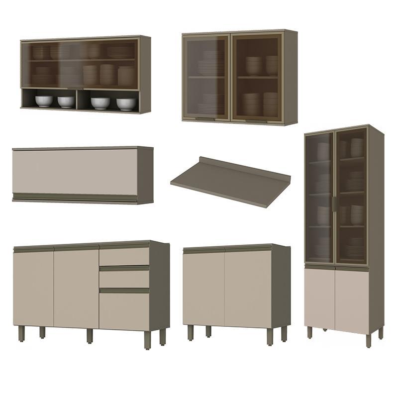Cozinha Completa 6 Peças Connect Duna/Cristal com Cristaleira e Aéreo Vidro - Móveis Henn