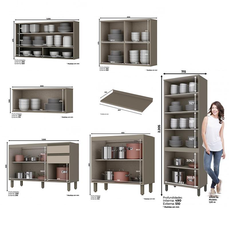Cozinha Completa 6 Peças Connect Duna/Cristal com Cristaleira e Aéreo Vidro - Móveis Henn