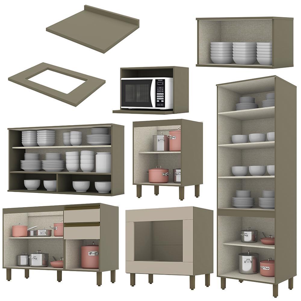 Cozinha Completa 7 Peças Connect Duna/Cristal com Cristaleira e Aéreo Micro-ondas - Móveis Henn