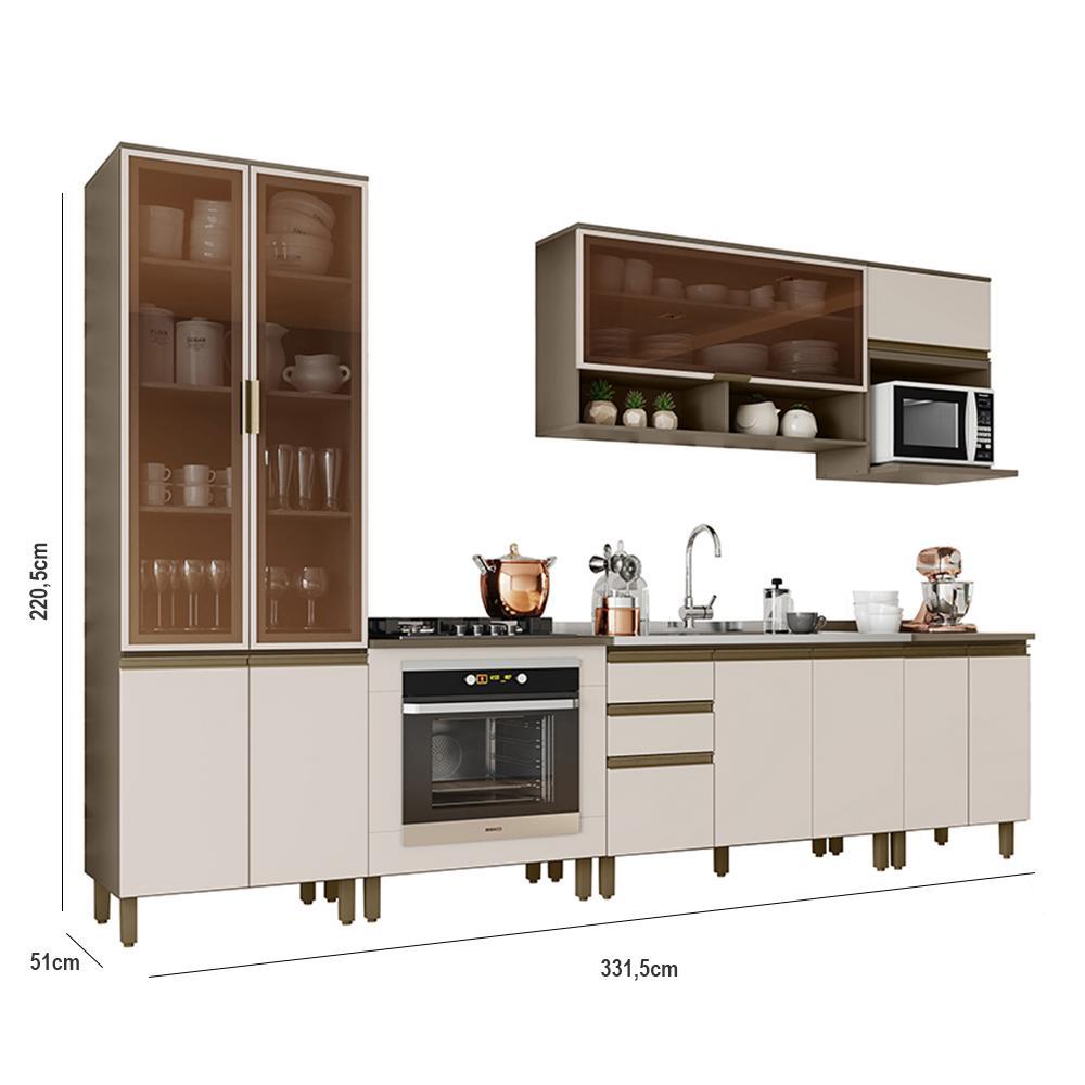 Cozinha Completa 7 Peças Connect Duna/Cristal com Cristaleira e Aéreo Micro-ondas - Móveis Henn