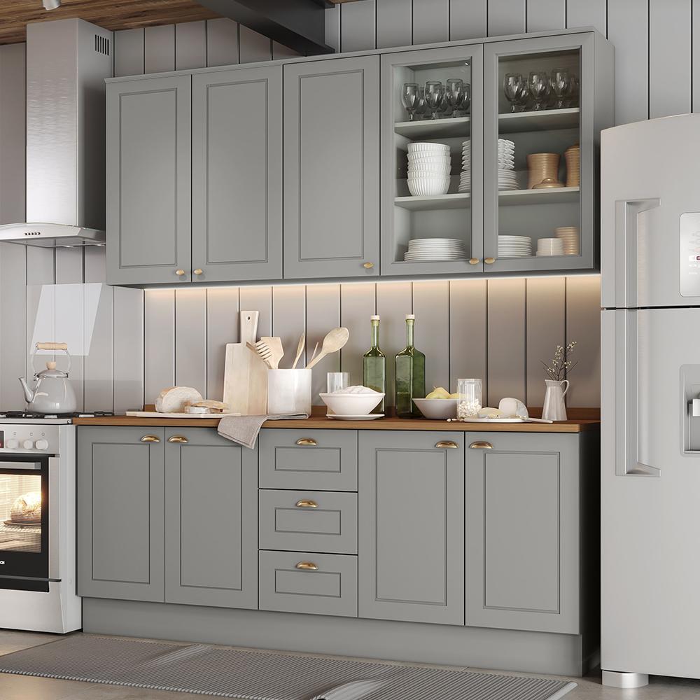 Cozinha Completa Americana 4 Peças Cinza/Nature com Tampo - Móveis Henn
