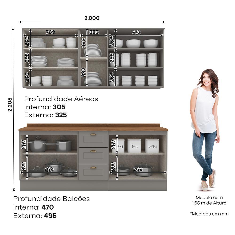 Cozinha Completa Americana 4 Peças Cinza/Nature com Tampo - Móveis Henn