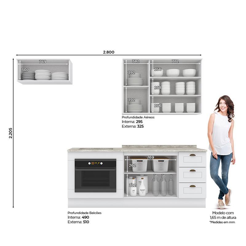 Cozinha Completa Americana 4 Peças com Balcão Forno de Embutir Branco e Tampo Cooktop - Móveis Henn