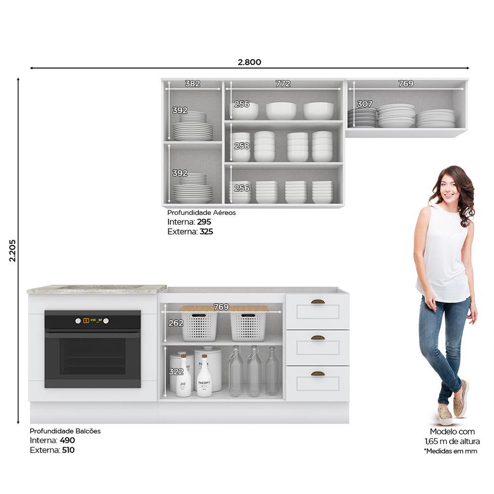 Cozinha Completa Americana 4 Peças com Balcão Forno de Embutir Branco e Tampo Cooktop Calcare - Móveis Henn