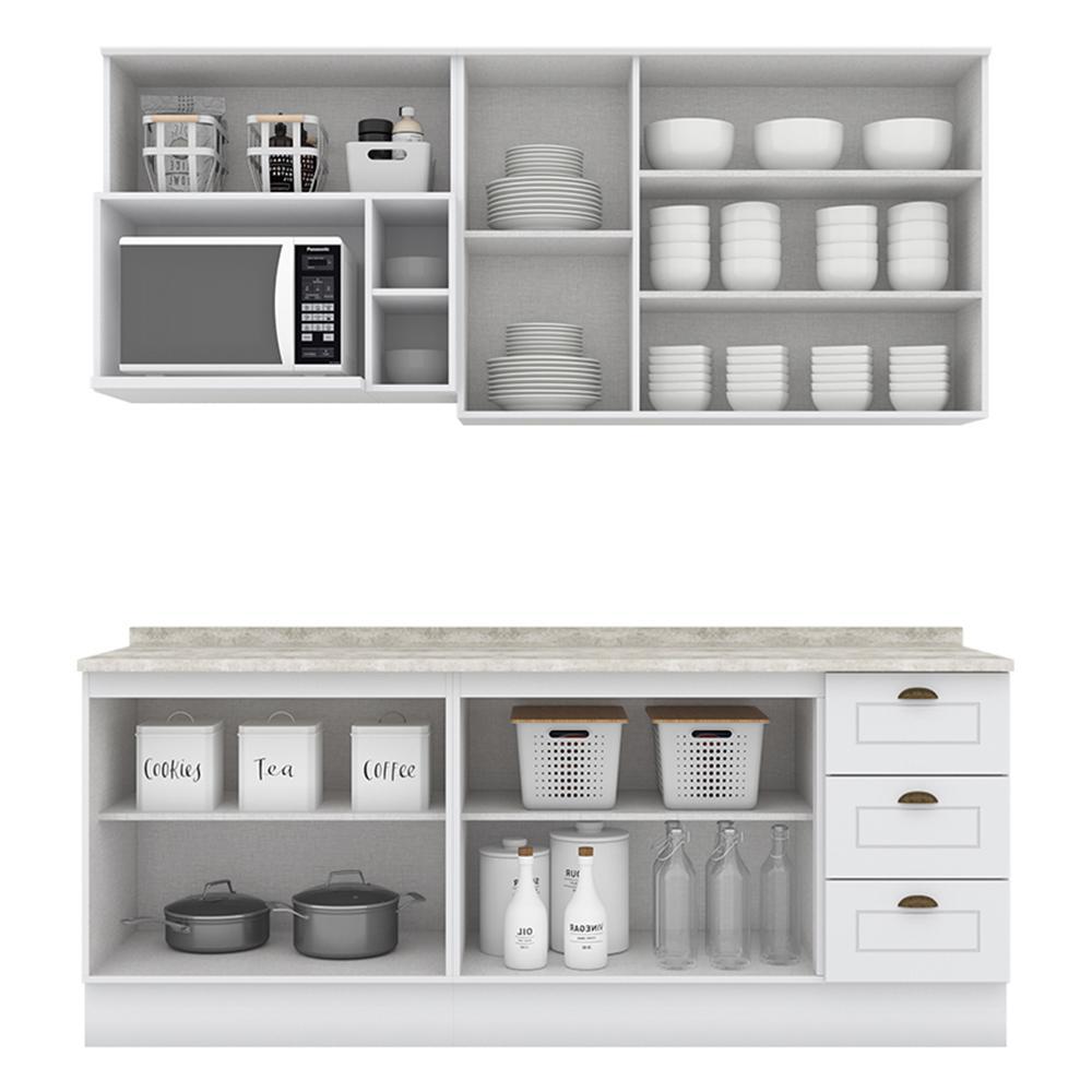 Cozinha Completa Americana 5 Peças com Aéreo Micro-ondas Branco e Tampo Calcare - Móveis Henn