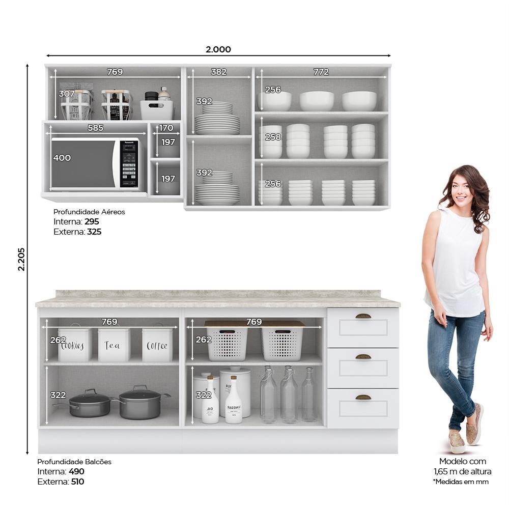 Cozinha Completa Americana 5 Peças com Aéreo Micro-ondas Branco e Tampo Calcare - Móveis Henn
