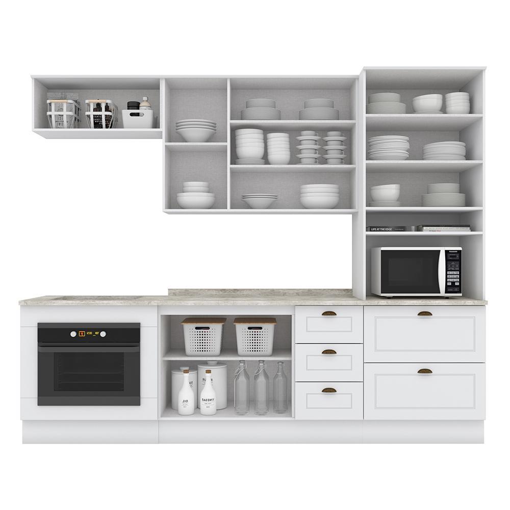 Cozinha Completa Americana 5 Peças com Balcão Forno de Embutir Branco e Tampo Calcare - Móveis Henn