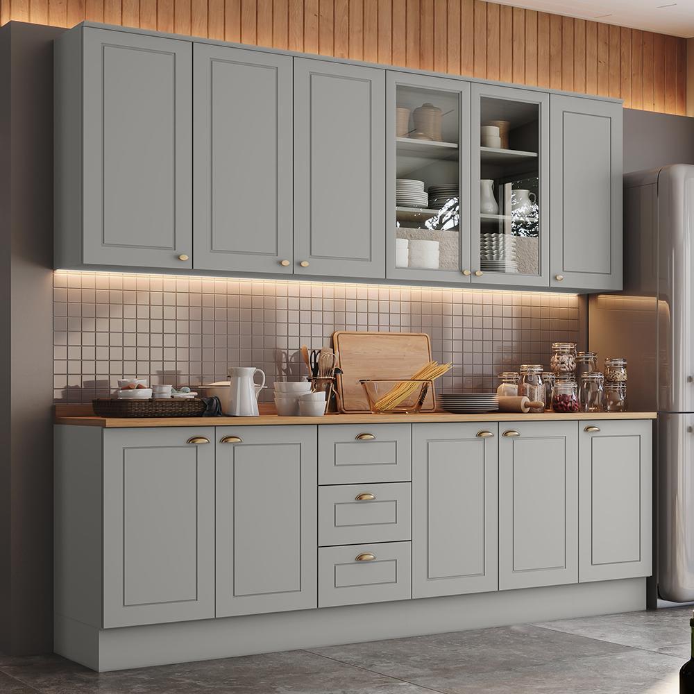 Cozinha Completa Americana 6 Peças Cinza/Nature com Tampo - Móveis Henn