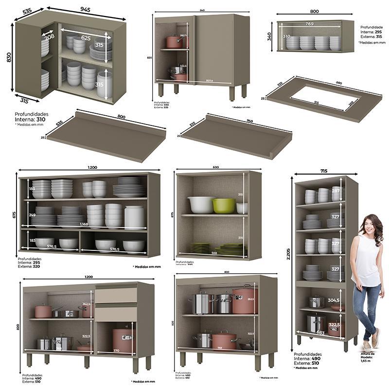 Cozinha Completa de Canto 10 Peças Connect Duna/Cristal com Cristaleira - Móveis Henn