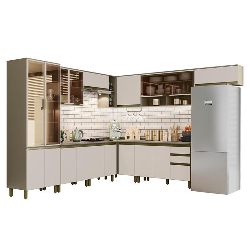 Cozinha Completa de Canto 10 Peças Connect Duna/Cristal com Cristaleira e Aéreo Vidro - Móveis Henn