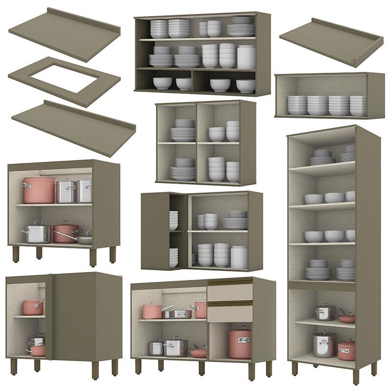 Cozinha Completa de Canto 10 Peças Connect Duna/Cristal com Cristaleira e Aéreo Vidro - Móveis Henn