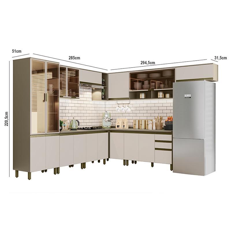 Cozinha Completa de Canto 10 Peças Connect Duna/Cristal com Cristaleira e Aéreo Vidro - Móveis Henn