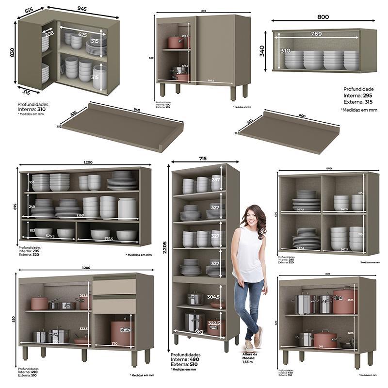 Cozinha Completa de Canto 9 Peças Connect Duna/Cristal com Cristaleira - Móveis Henn