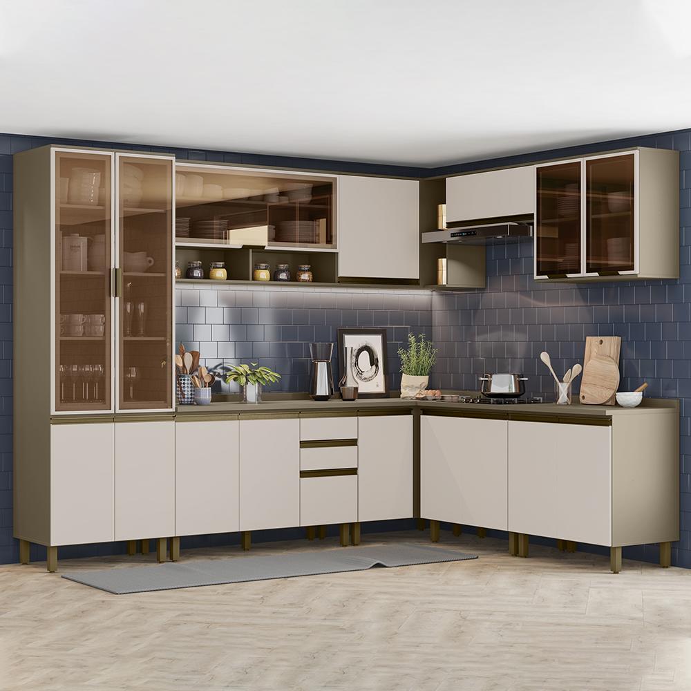 Cozinha Completa de Canto 9 Peças Connect Duna/Cristal com Cristaleira e Aéreo Vidro - Móveis Henn