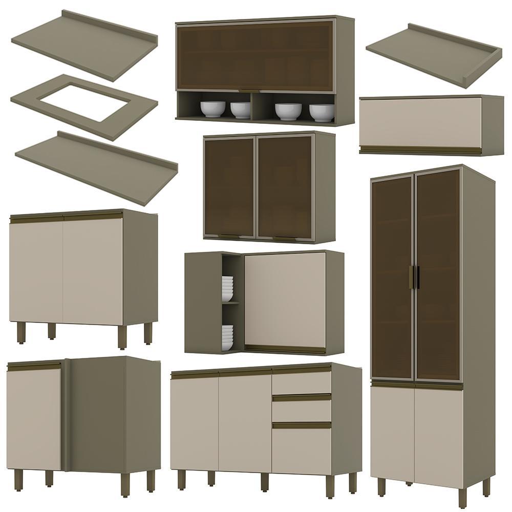 Cozinha Completa de Canto 9 Peças Connect Duna/Cristal com Cristaleira e Aéreo Vidro - Móveis Henn